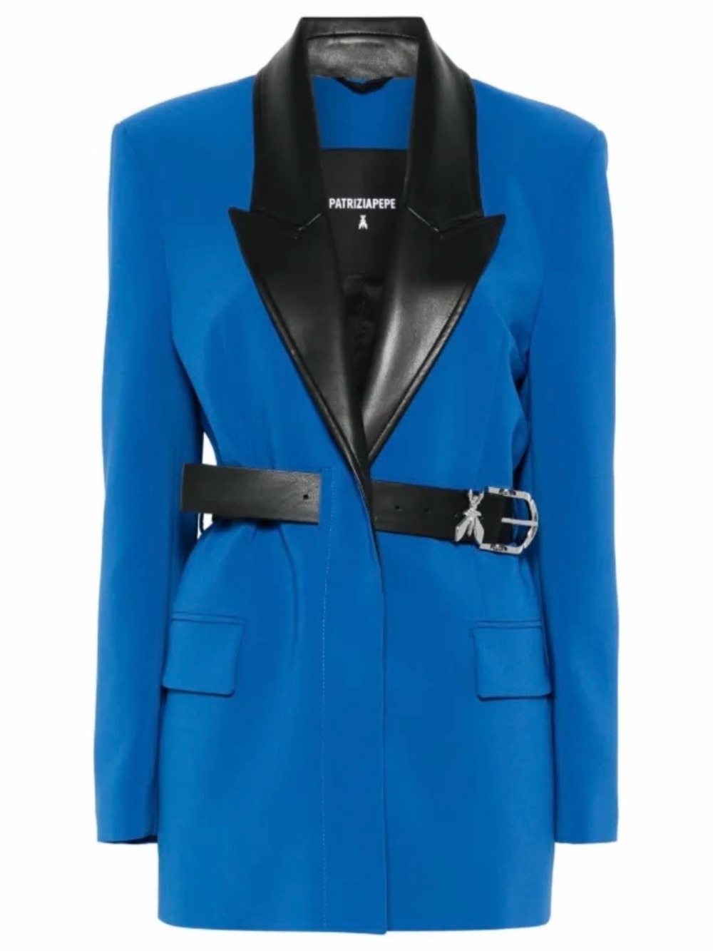 Patrizia Pepe Blue Blazer with Black Leather Lapel and Belt
